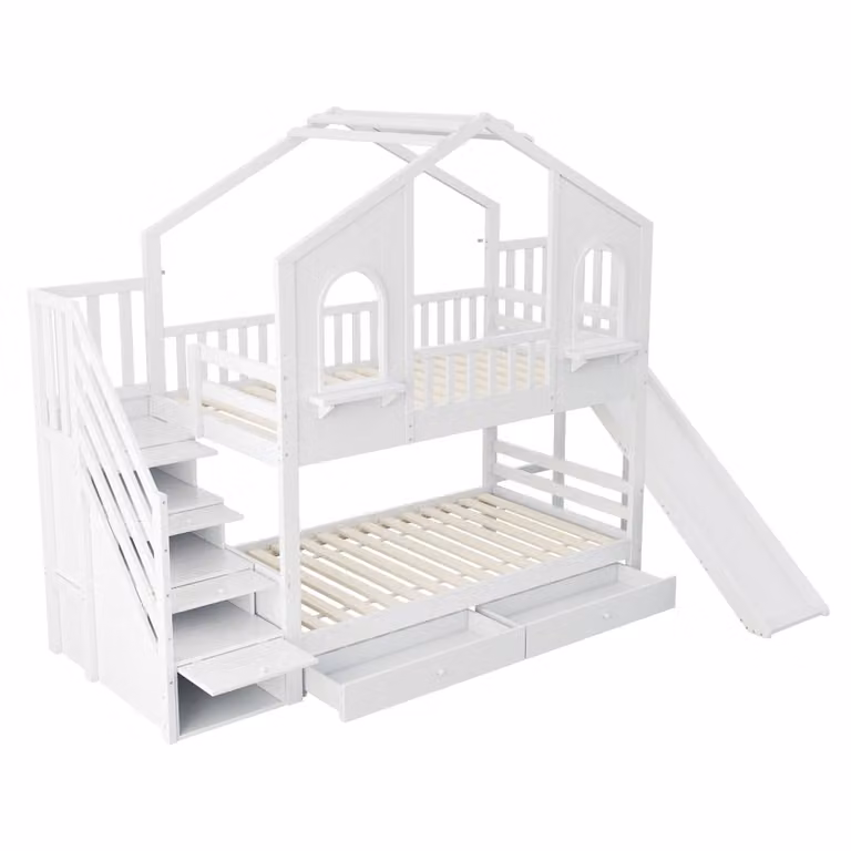 Litera infantil OKWISH de madera de pino blanca con tobogán, escalera con compartimentos, cajones y estante integrado, An/P/Al: 200 x 90 x 160 cm