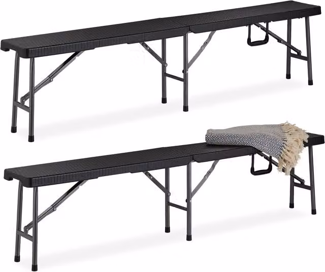 Pack de 2 bancos de camping plegables Relaxdays en color negro para jardín, balcón o pícnic, An/P/Al: 179 x 43 x 24,5 cm
