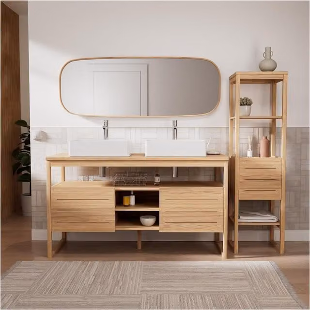 Conjunto de mueble de baño Atoll con doble lavabo, columna, espejo y grifos en color marrón de madera de acacia y roble, Ancho: 140 cm