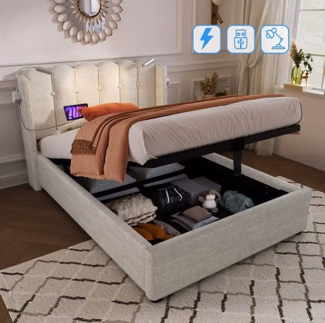 Cama con canapé BEAOK de 90x200 cm en color beige con luz de lectura y puerto USB integrada