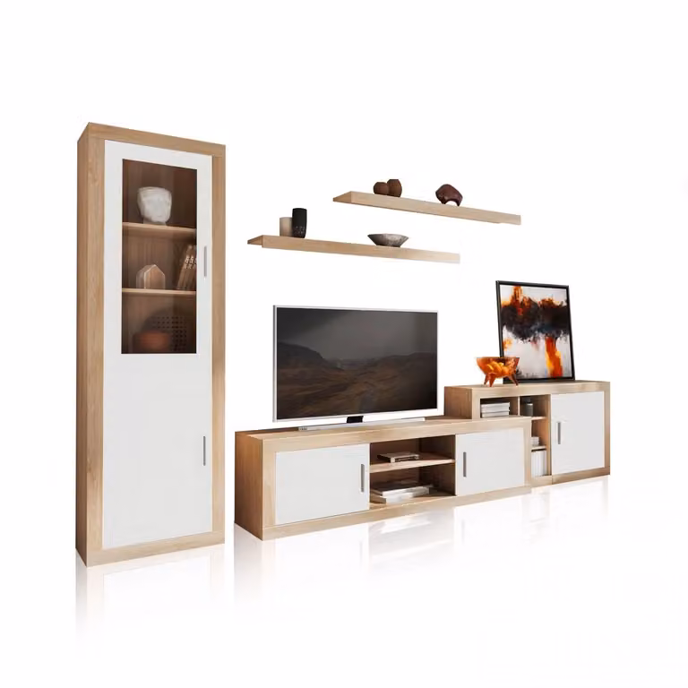 Mueble de salón modular Nuka V11 Duehome de estilo escandinavo en blanco y marrón con puertas de cristal y cajones An/P/Al: 330 x 193,2 x 41,4 cm