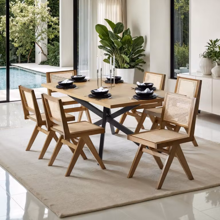 Set de 6 sillas de comedor TecTake estilo boho en ratán y madera de roble claro con colores marrón y beige