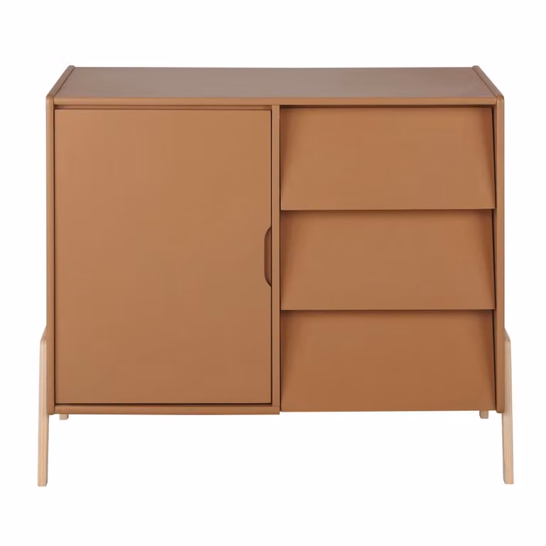 Cómoda infantil moderna Maisons du Monde en madera de pino y MDF, color marrón y beige, con 3 cajones y 1 puerta