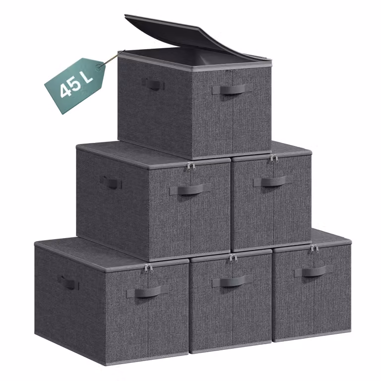 Juego de 6 cajas de almacenamiento plegables Songmics con tapa y asas, color gris, An/P/Al: 50 x 30 x 30 cm
