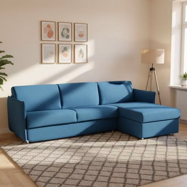 Sofá cama con chaise longue DMORA azul, desenfundable e impermeable, fabricado en Italia, An/P/Al: 260 x 160 cm
