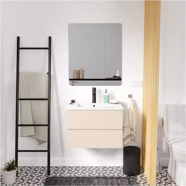 Mueble de baño moderno Sorrento blanco con lavabo de cerámica y espejo, suspendido, An/P/Al: 59.5 x 43.5 x 43.5 cm