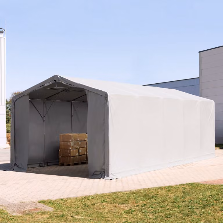 Carpa industrial TOOLPORT de 5 x 10 m con altura lateral de 3,0 m y puerta con cremallera, color gris