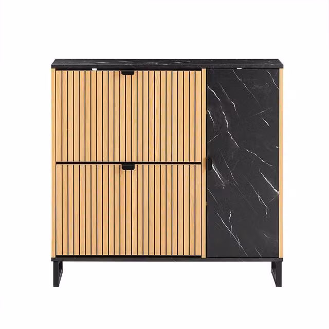 Mueble para zapatos Sobuy de diseño nórdico con 2 puertas abatibles para entrada, color negro y madera clara, An/P/Al: 90 x 24 x 88 cm