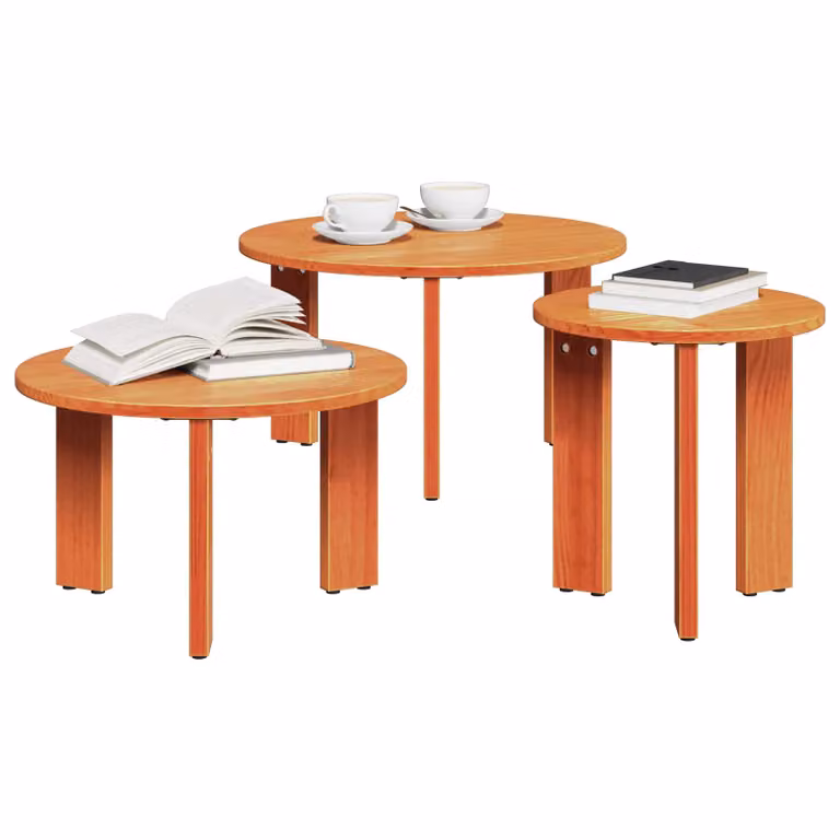 Set de 3 mesas de café redondas vidaXL de madera de pino con acabado de cera marrón, estilo rústico, An/P/Al: 47,5 x 47,5 x 27 cm