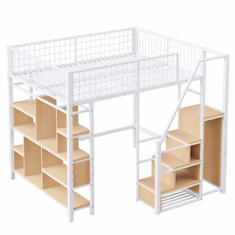 Cama alta OKWISH de metal y madera con armario, estantes y escalera de almacenamiento en color blanco, An/P/Al: 200 x 140 x 170 cm