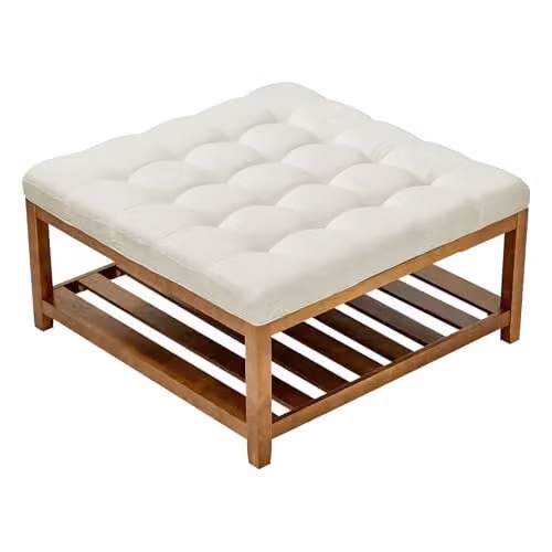 Mesa de centro otomana VEVOR cuadrada con estante de madera de pino y reposapiés tapizado en lino, color blanco, An/P/Al: 87.5 x 87.5 x 44.5 cm