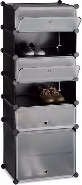 Zapatero modular Relaxdays con puertas batientes y 6 compartimentos, color negro, An/P/Al: 126 x 49 x 36,5 cm