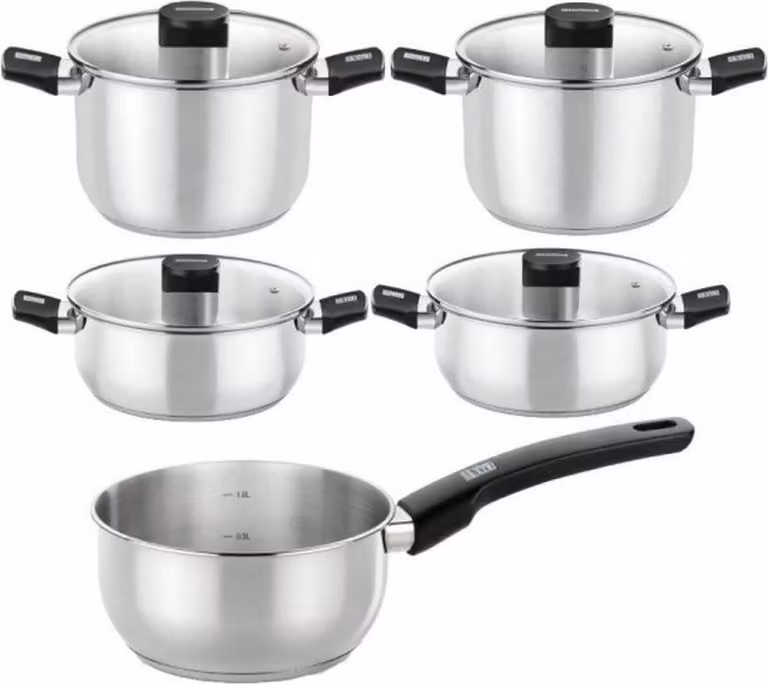 Conjunto de utensilios de cocina Monix Deelite M240002 de acero inoxidable y aluminio en color plata, apto para inducción, incluye olla con mango de 14 cm de diámetro, ollas y cacerolas de 20-24 cm de diámetro con tapa