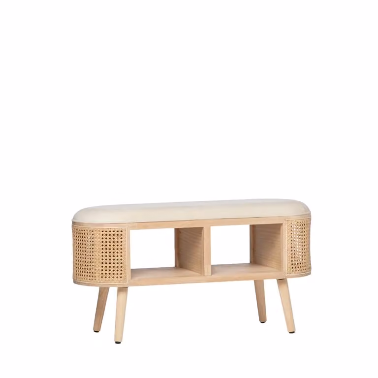 Banco de terciopelo Klast Home color beige y marrón con estructura de madera y ratán estilo escandinavo An/P: 90 x 47 cm