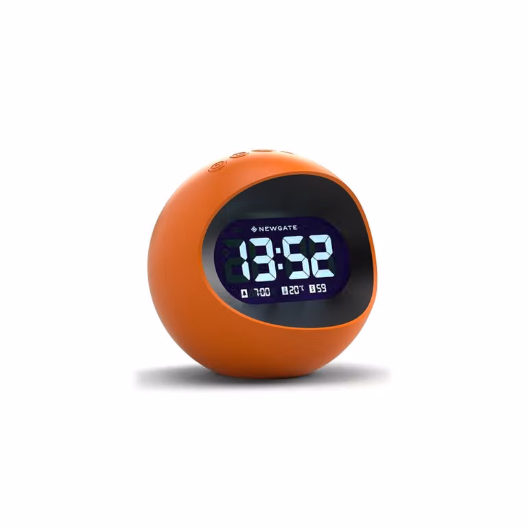 Reloj despertador digital Newgate Centre of the Earth con pantalla LCD, termómetro e iluminación, color naranja y negro