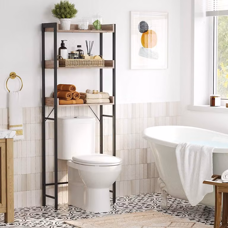 Estante para baño y sobre inodoro VASAGLE con 3 estantes abiertos de estilo industrial en madera y metal