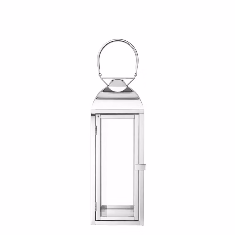 Farol decorativo de mesa Sia Deco en plata con vidrio y metal, Altura: 43 cm