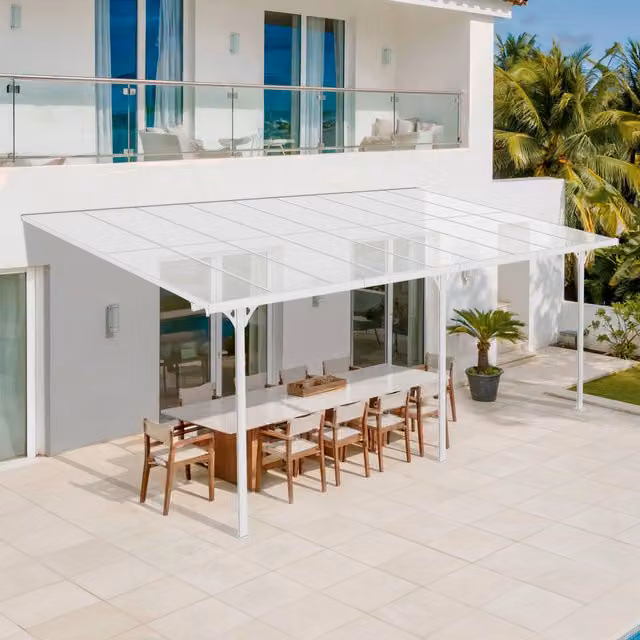 Pérgola adosada Cazeboo Kléo de aluminio blanca con techo de policarbonato transparente An/P/Al: 1000 x 300 x 270 cm