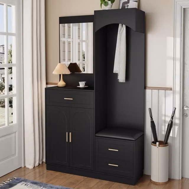 Mueble de entrada MODENVIE con espejo, banco zapatero y estantes regulables en MDF negro mate, An/P/Al: 110 x 33 x 185.5 cm