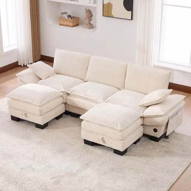 Sofá Modular de 3 Plazas Kellany en Pana Beige con 2 Otomanas, Diseño Ergonómico con Puerto USB y Acolchado de Espuma para Salón u Oficina