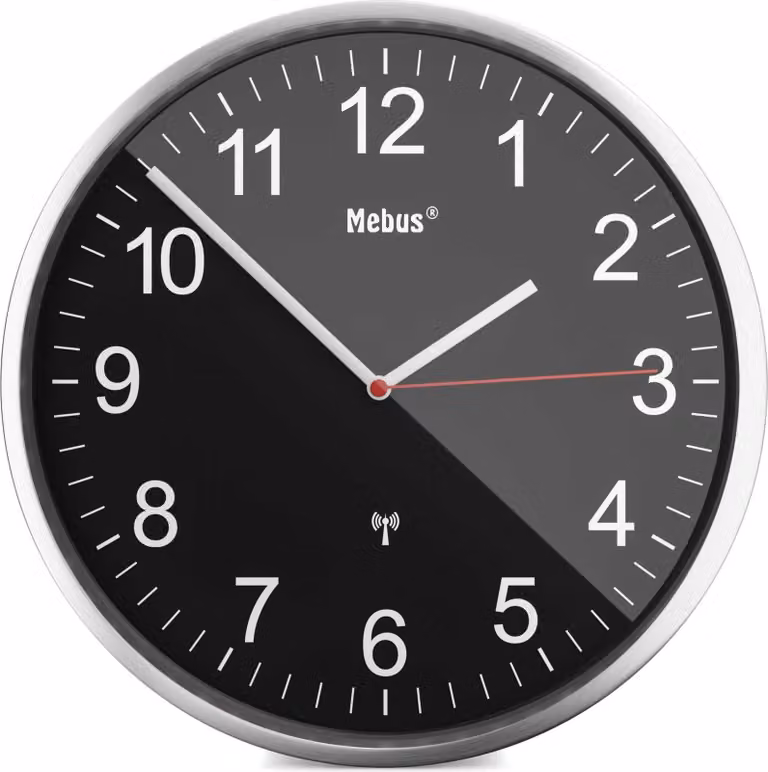 Reloj de pared analógico Mebus 19578 con marco de metal, diseño moderno y radio controlado, color plata y negro, Diámetro: 30 cm