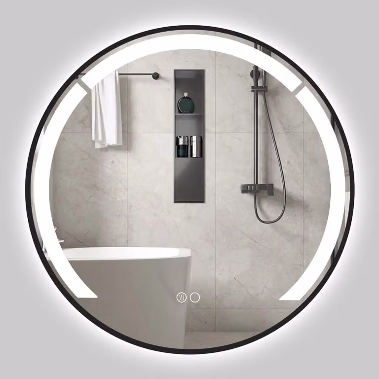 Espejo de baño redondo Northix con iluminación LED regulable y diseño minimalista en color negro, Diámetro: 60 cm