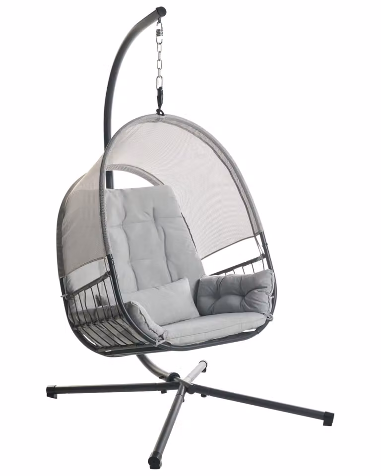 Sillón colgante Beliani con soporte de metal y ratán, diseño moderno en color gris con cojines incluidos y resistencia UV para jardín o lounge