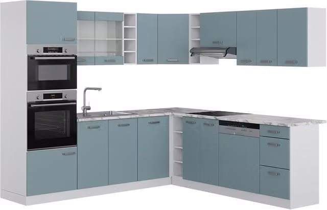 Cocina esquinera Vicco R-Line en gris azulado y blanco An/P/Al: 247 x 237 x 46 cm