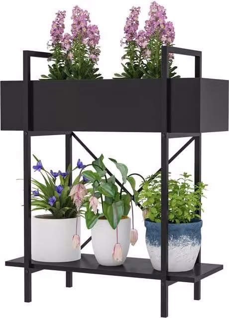 Soporte para plantas de dos niveles NORTHIX en metal negro mate para interior y exterior, Altura: 70 cm