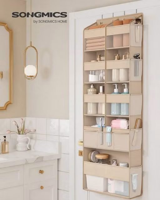 Organizador de puerta Songmics con 9 compartimentos, colgador plegable y ganchos metálicos, frontal transparente y bolsillos laterales, color beige arena