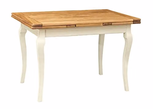 Mesa extensible Biscottini de madera de tilo con acabado blanco antiguo y plano natural, estilo rústico para salón o cocina, An: 120 cm, P: 80 cm, Al: 80 cm