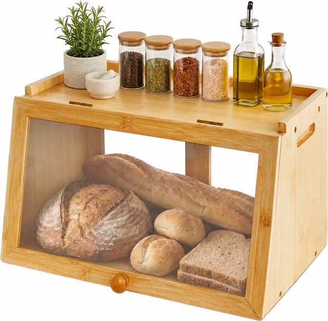 Panera de bambú relaxdays con ventana de acrílico y puerta corredera, color marrón, An/P/Al: 39 x 23 x 26 cm