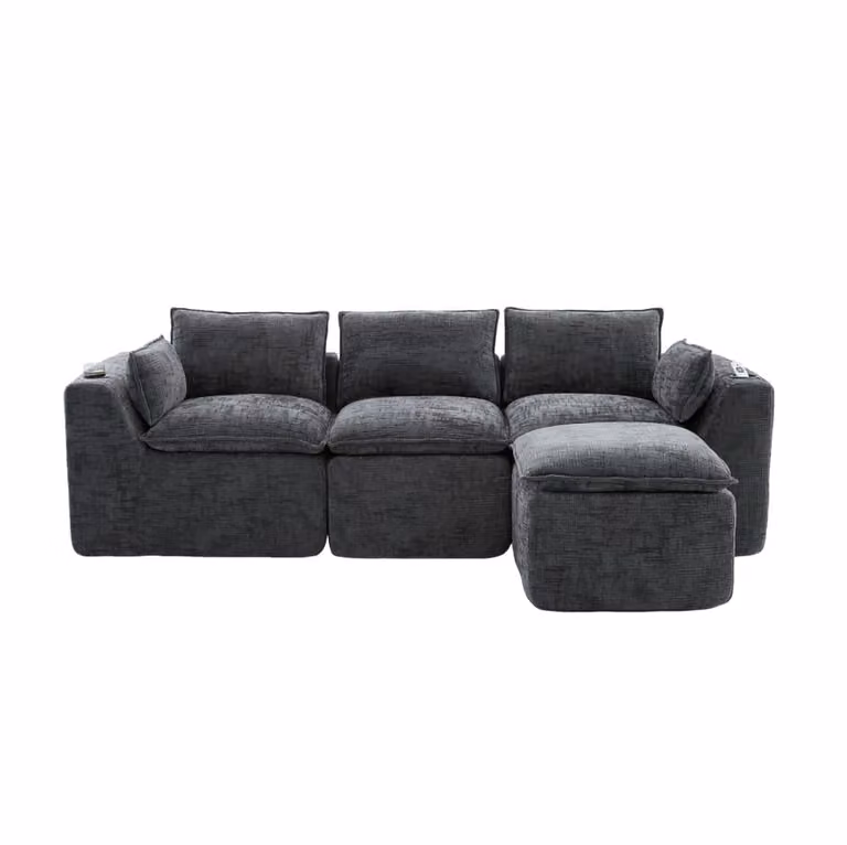 Sofá modular OKWISH en forma de L con reposapiés, tapizado en tela gris, diseño moderno para salón o despacho, An/P/Al: 256 x 161 x 75 cm
