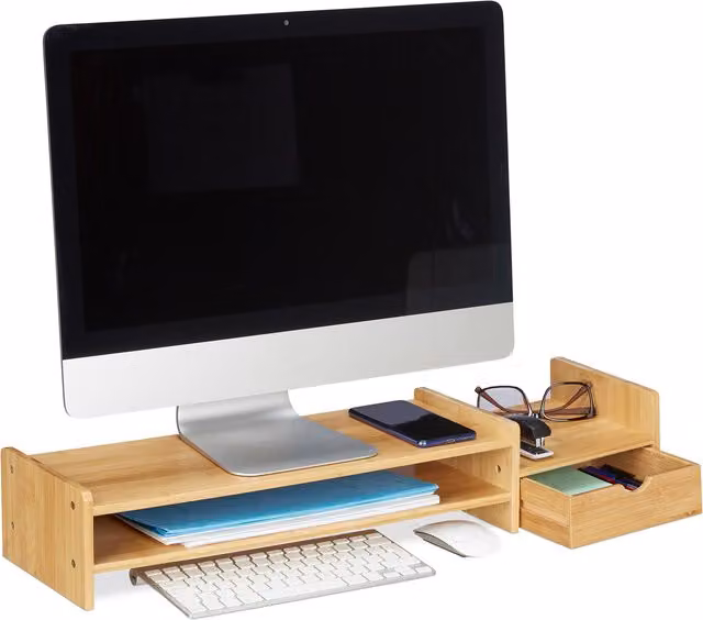 Soporte para monitor de bambú Relaxdays con cajón y compartimentos, color marrón y beige, An/P/Al: 70 x 19 x 12 cm