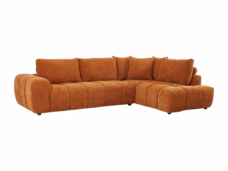 Sofá rinconera derecha CLENALI en chenilla color naranja con respaldo y cojines incluidos, An/P/Al: 200 x 112 x 95 cm