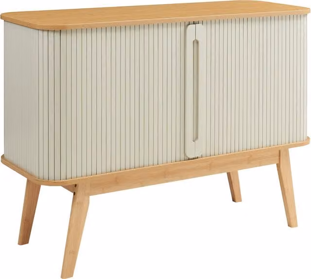 Aparador Tysvær en.casa con 2 puertas correderas y compartimentos para salón o dormitorio, color bambú y blanco crema, An/P/Al: 110 x 40 x 80 cm