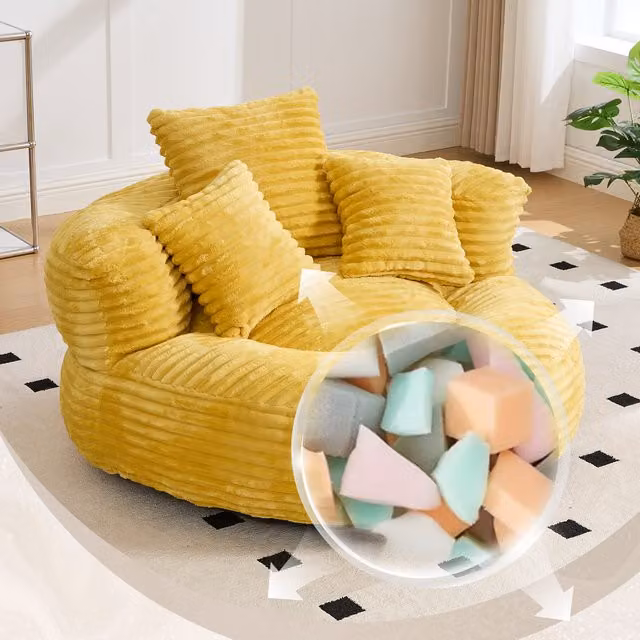 Puf de pana con respaldo alto y tres cojines KELLANY, color amarillo, ideal para adultos y niños