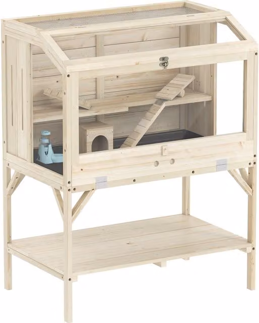 Jaula para hámster de dos niveles con almacenamiento NORTHIX de madera natural, An/P/Al: 84 x 53 x 110 cm