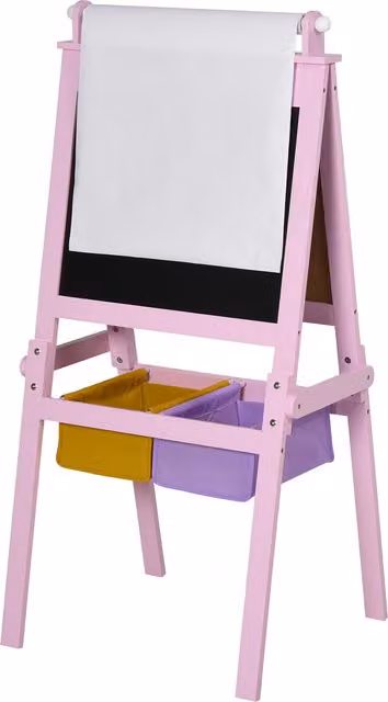 Pizarra de doble cara tipo caballete HOMCOM para niños con rollo de papel, 2 cestas de almacenamiento y madera, color rosa, An/P/Al: 58,5 x 50,5 x 118 cm