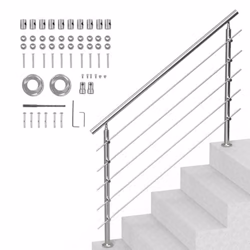 Pasamanos de escalera VEVOR de acero inoxidable con 5 travesaños y kit de instalación, color plata, Longitud: 150 cm