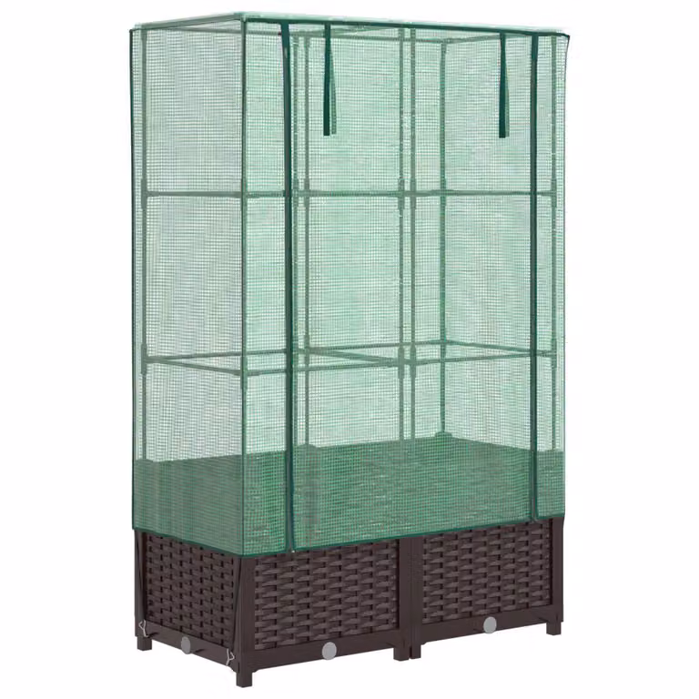 Arriate elevado Syfax con cubierta de invernadero aspecto ratán en marrón y verde, An/P/Al: 80 x 40 x 138 cm