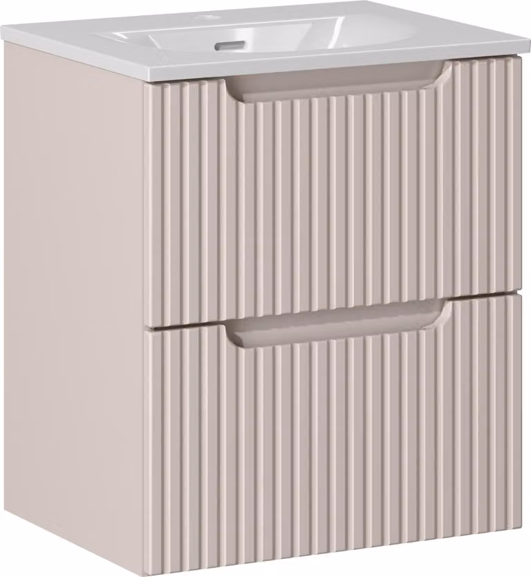 Mueble de baño suspendido minimalista DMK en color beige mate con cajones internos y puertas