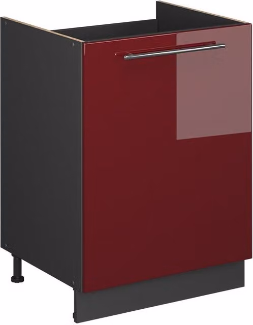 Mueble bajo para fregadero Vicco Fame-Line en rojo burdeos alto brillo y antracita con puertas de cierre suave