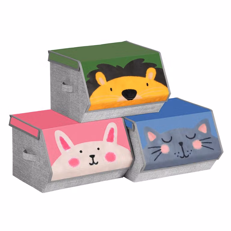 Set de 3 cajas de almacenaje infantiles plegables Songmics con tapa y asas en colores rosa, azul y beige