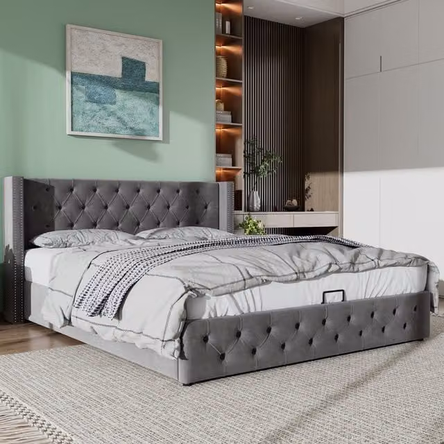 Cama contenedor VENTE-UNIQUE tapizada en terciopelo gris con somier de láminas An/P/Al: 160 x 200 cm