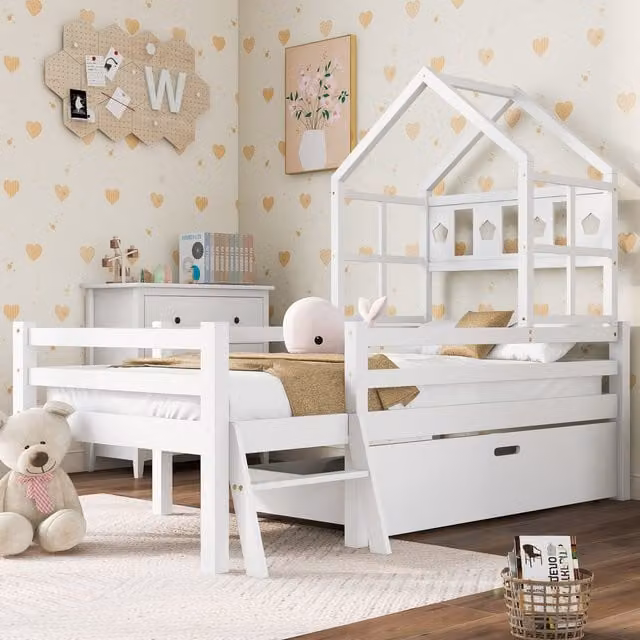 Cama Casita MODENVIE para niños de madera maciza de pino con escalera, cajón y barandilla de seguridad, color blanco, An/P/Al: 200 x 90 x 159 cm