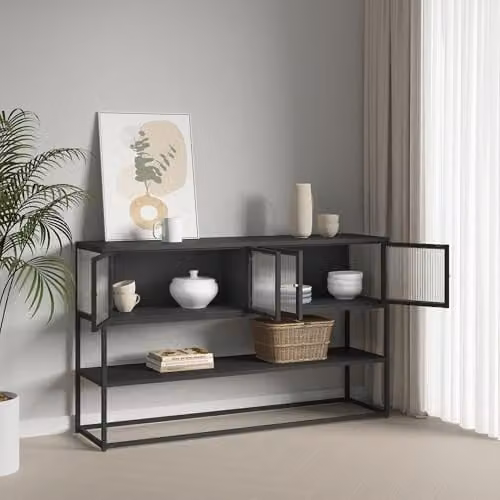 Aparador Säkylä en.casa con 4 puertas de vidrio y estructura de metal en color negro, An/P/Al: 150 x 38 x 90 cm