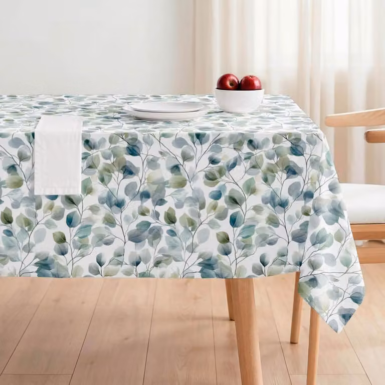 Mantel rectangular de algodón con estampado floral de hojas en color verde agua, antimanchas y repelente al agua, An/P: 140 x 100 cm