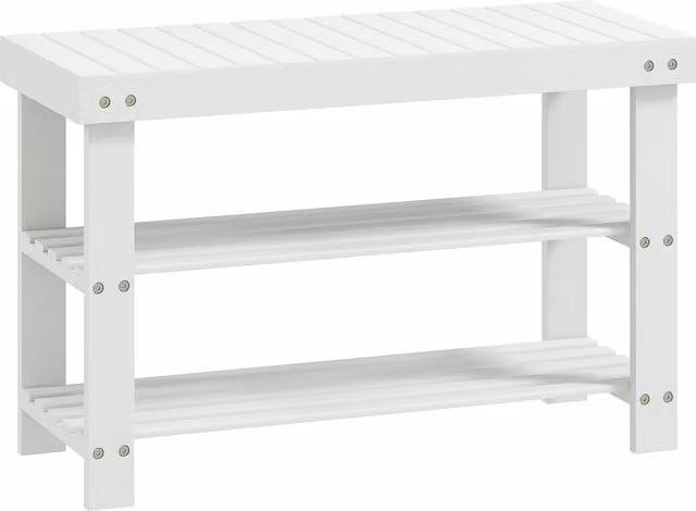Banco zapatero de bambú HOMCOM con asiento y 2 estantes en color blanco para entrada, salón o dormitorio, An/P/Al: 70 x 28 x 45 cm