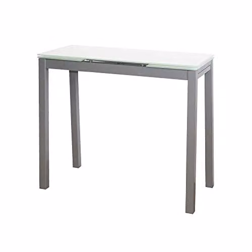Mesa de comedor y cocina extensible MOMMA HOME Novi en color blanco y plata con superficie de vidrio templado y estructura de metal, An/P/Al: 85/130 x 40 x 76 cm